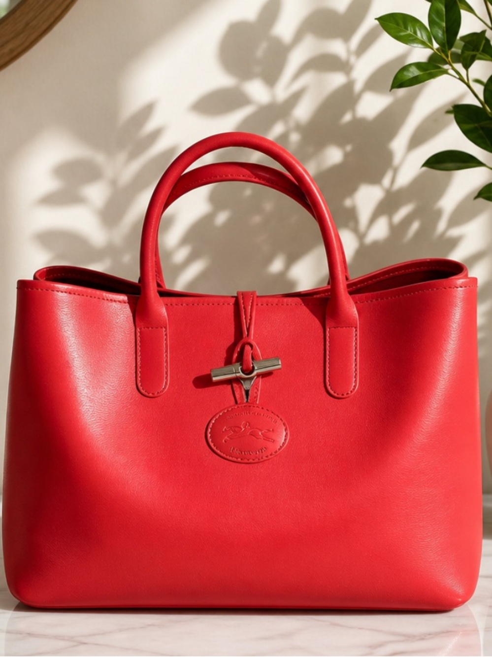 Longchamp Roseau Coral-Red Leather Tote with Toggle Detail - Picture 16 of 17